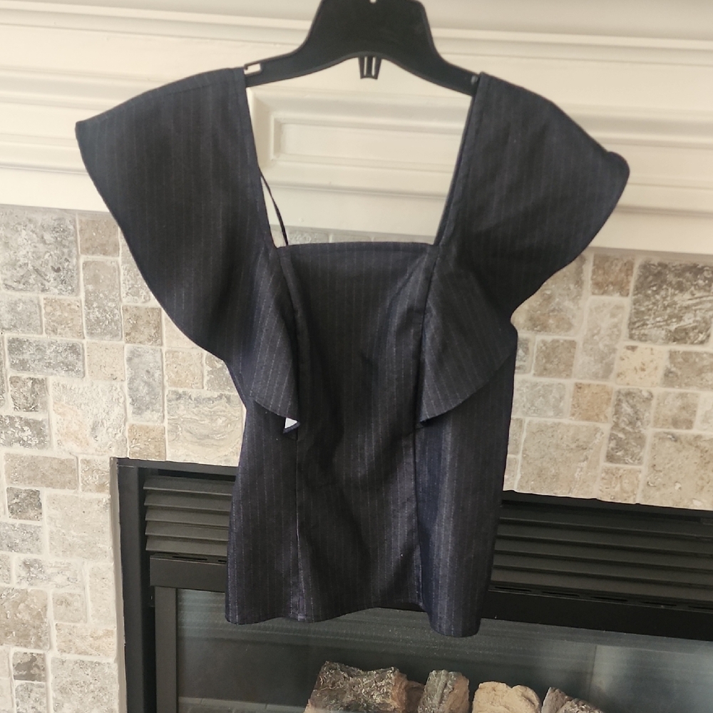 Nanette Lepore Navy Pinstripe Square-Neck Flutter Sleeve Top